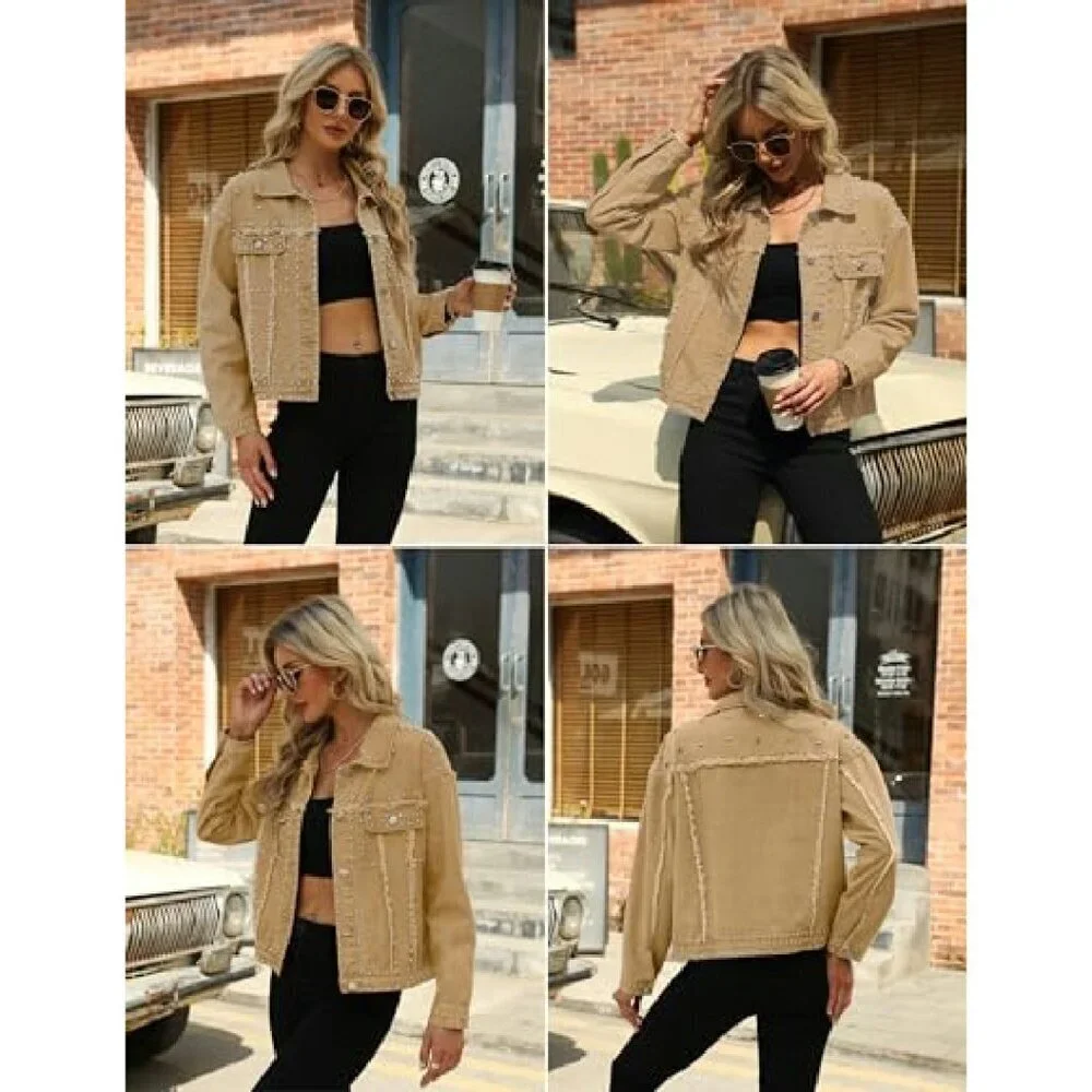 Cropped Denim Jacket with Rivet Studs, Distressed White, Button Cuffs